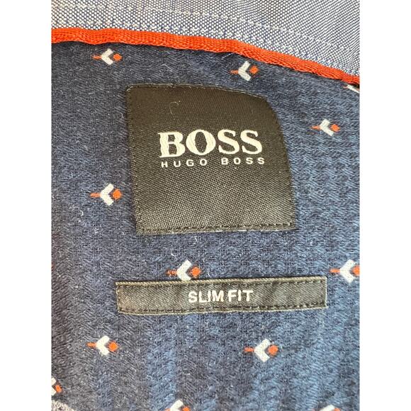 Hugo BOSS Men's Ronni Navy Blue Patterned Slim Fit Button Down Shirt Medium M - Picture 7 of 10